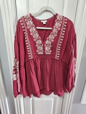 Sundance Embroidered V-Neck Peasant Top - Pink